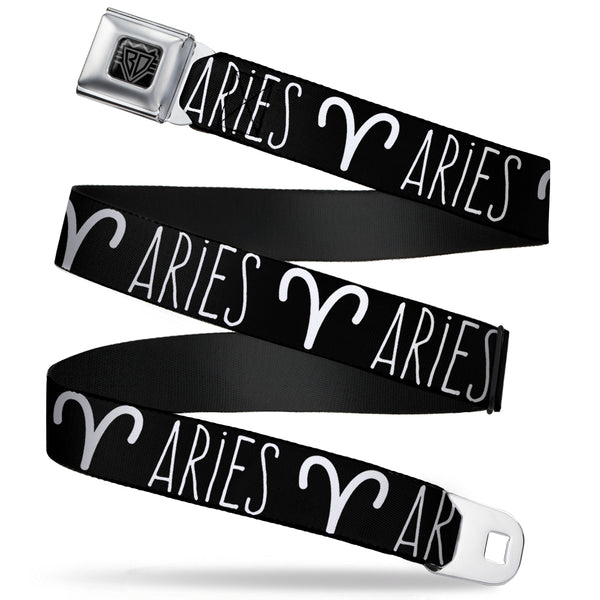 buckle down BD Wings Logo CLOSE-UP Full Color Black Silver Seatbelt Belt - Zodiac ARIES/Symbol Black/White Webbing