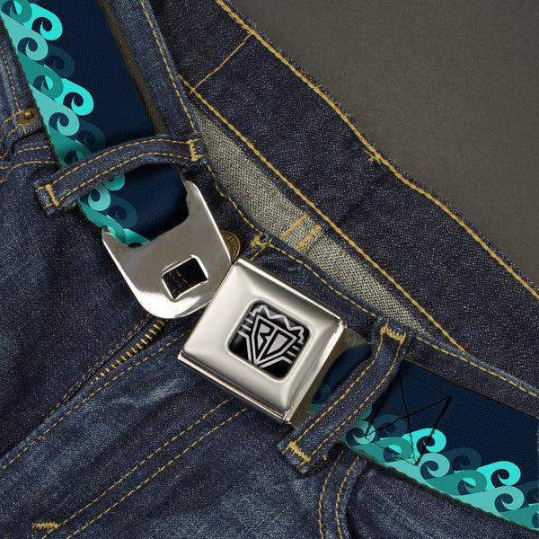 Buckle Down BD Wings Logo CLOSE-UP Full Color Black Silver Seatbelt Belt - Waves Navy/Blue Shades Webbing