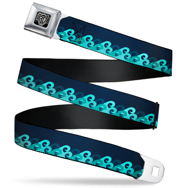 buckle down BD Wings Logo CLOSE-UP Full Color Black Silver Seatbelt Belt - Waves Navy/Blue Shades Webbing