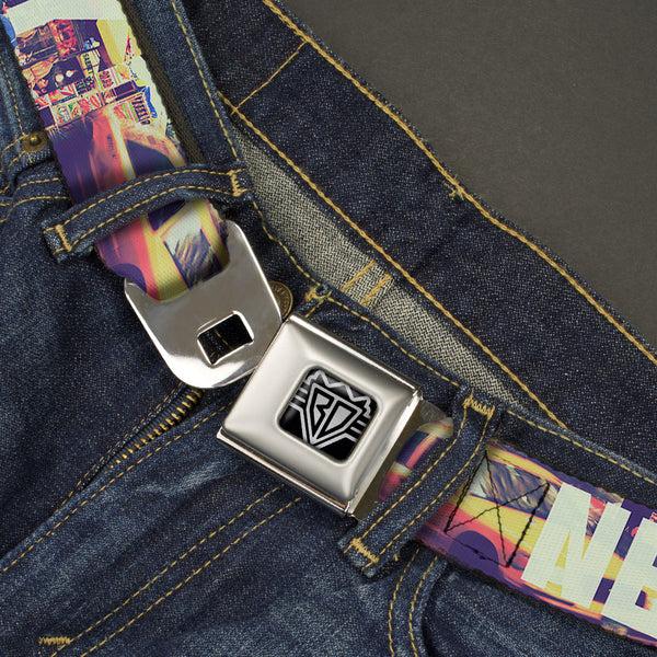 Buckle Down BD Wings Logo CLOSE-UP Full Color Black Silver Seatbelt Belt - Vivid NEW YORK CITY Street Scenes Webbing