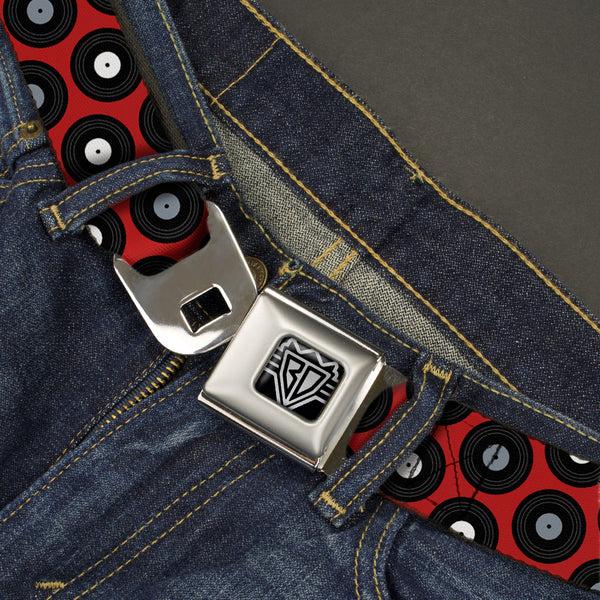 Buckle Down BD Wings Logo CLOSE-UP Full Color Black Silver Seatbelt Belt - Vinyl Records Red/Black/Gray/White Webbing
