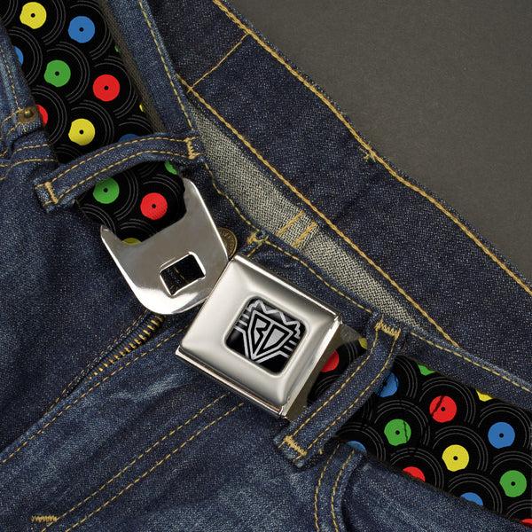Buckle Down BD Wings Logo CLOSE-UP Full Color Black Silver Seatbelt Belt - Vinyl Records Stacked Black/Gray/Multi Color Webbing