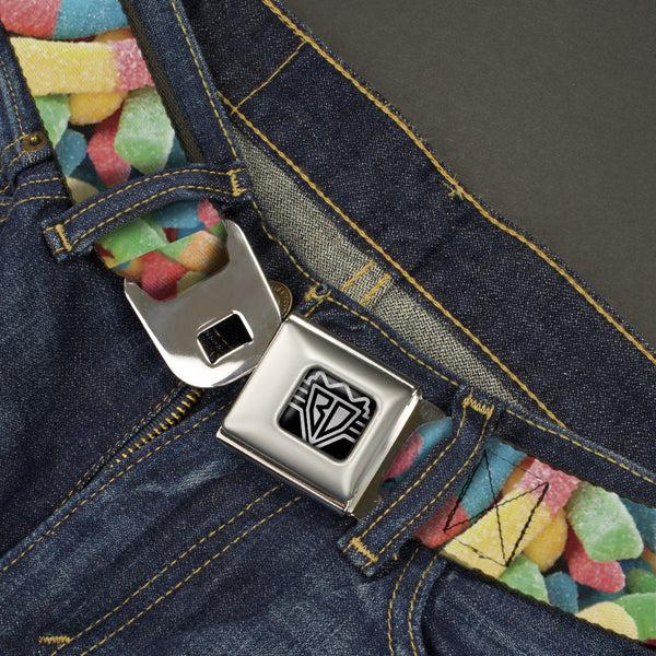 Buckle Down BD Wings Logo CLOSE-UP Full Color Black Silver Seatbelt Belt - Vivid Sour Worms Stacked Webbing