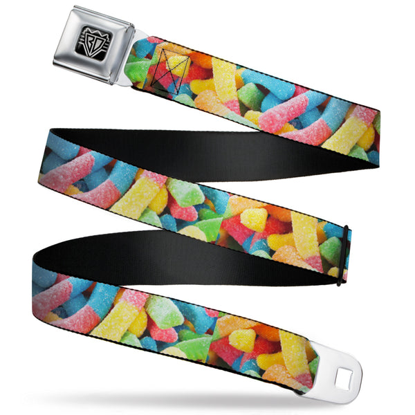 buckle down BD Wings Logo CLOSE-UP Full Color Black Silver Seatbelt Belt - Vivid Sour Worms Stacked Webbing