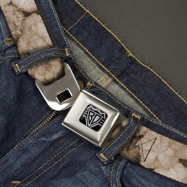 Buckle Down BD Wings Logo CLOSE-UP Full Color Black Silver Seatbelt Belt - Vivid Floral Collage2 Sepia Webbing