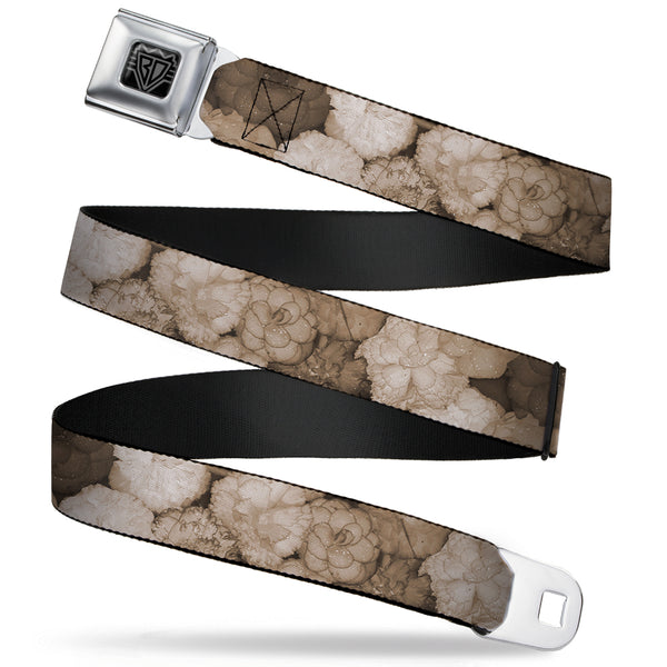 buckle down BD Wings Logo CLOSE-UP Full Color Black Silver Seatbelt Belt - Vivid Floral Collage2 Sepia Webbing