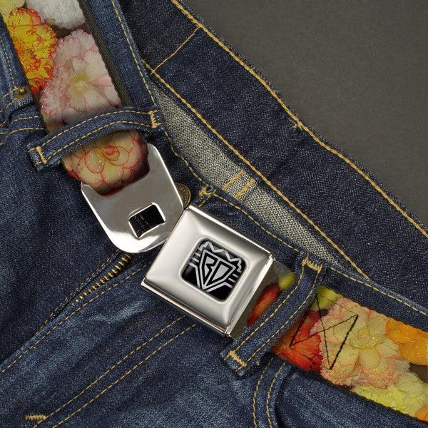 Buckle Down BD Wings Logo CLOSE-UP Full Color Black Silver Seatbelt Belt - Vivid Floral Collage2 Yellows/Pinks/Oranges Webbing