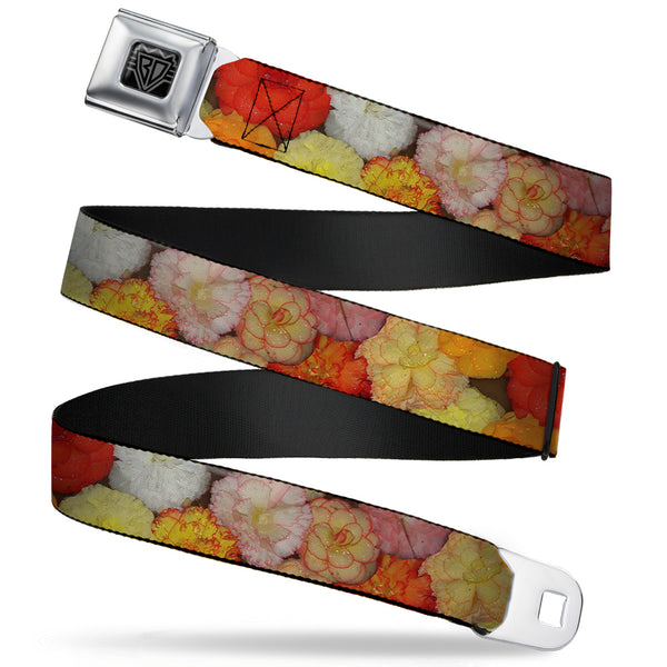 buckle down BD Wings Logo CLOSE-UP Full Color Black Silver Seatbelt Belt - Vivid Floral Collage2 Yellows/Pinks/Oranges Webbing