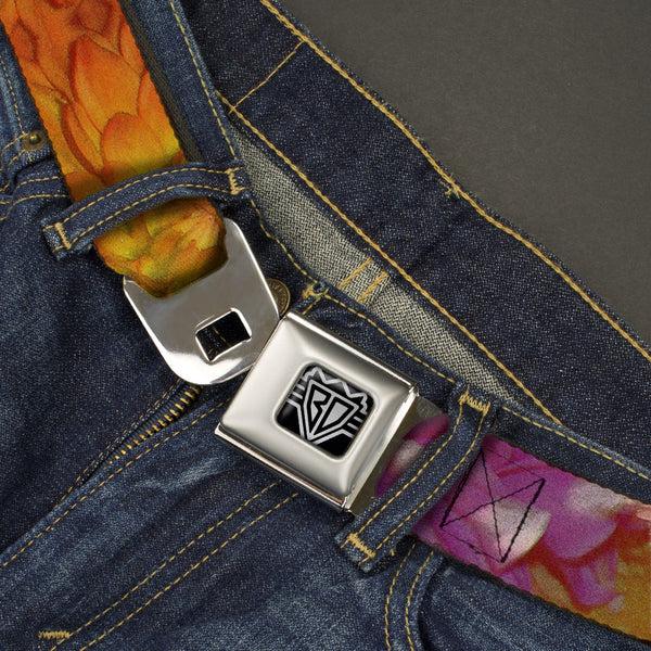 Buckle Down BD Wings Logo CLOSE-UP Full Color Black Silver Seatbelt Belt - Vivid Floral Collage Orange-Pinks Webbing