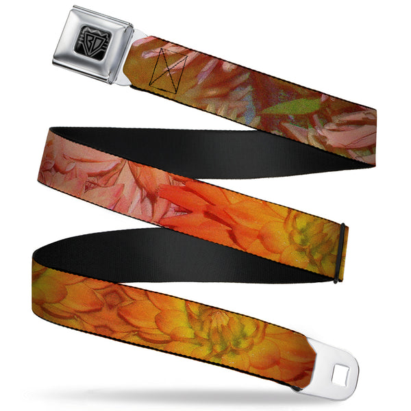 buckle down BD Wings Logo CLOSE-UP Full Color Black Silver Seatbelt Belt - Vivid Floral Collage Orange-Pinks Webbing