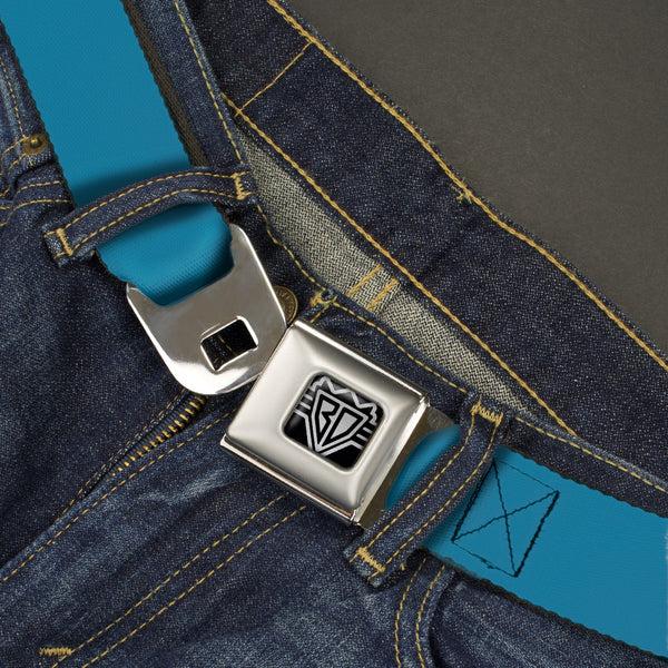 Buckle Down BD Wings Logo CLOSE-UP Full Color Black Silver Seatbelt Belt - Vivid Turquoise Webbing
