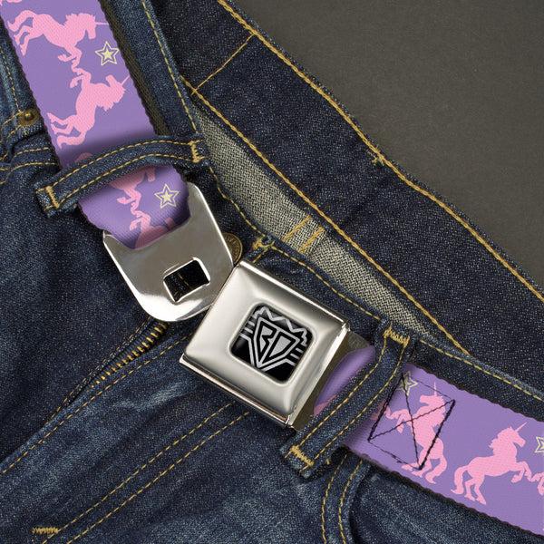 Buckle Down BD Wings Logo CLOSE-UP Full Color Black Silver Seatbelt Belt - Unicorns/Star Lavender/Pink/Yellow Webbing