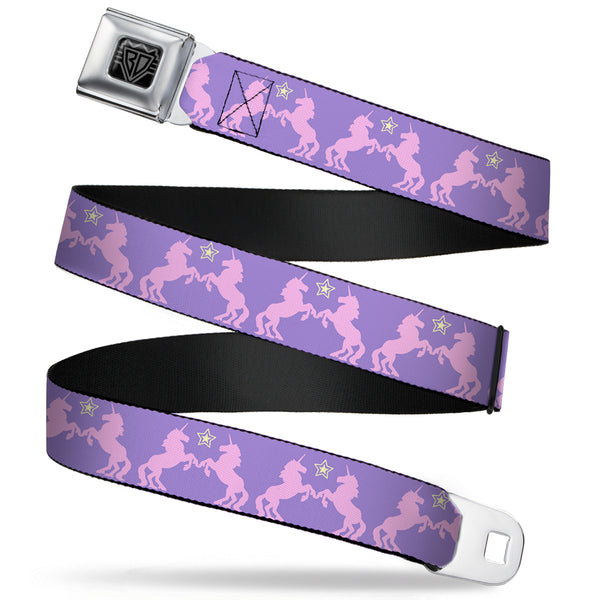 buckle down BD Wings Logo CLOSE-UP Full Color Black Silver Seatbelt Belt - Unicorns/Star Lavender/Pink/Yellow Webbing
