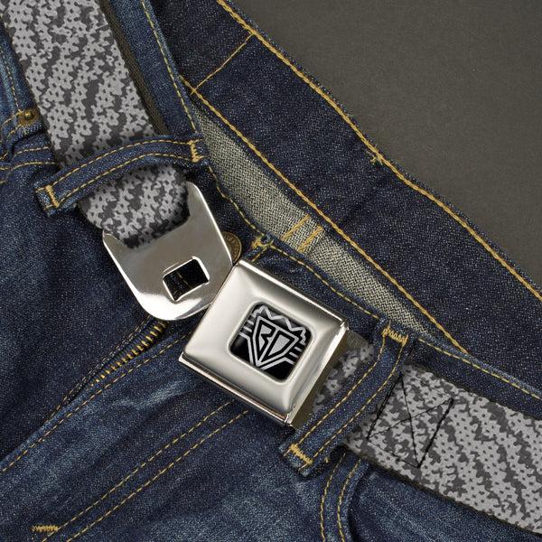 Buckle Down BD Wings Logo CLOSE-UP Full Color Black Silver Seatbelt Belt - Urban Camo Grays Webbing