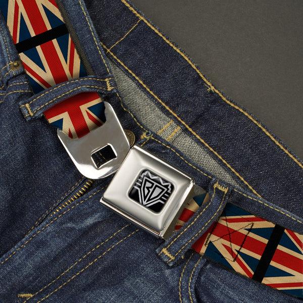 Buckle Down BD Wings Logo CLOSE-UP Full Color Black Silver Seatbelt Belt - United Kingdom Flags Vintage Black Webbing