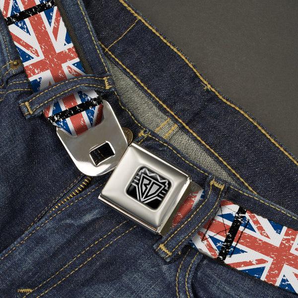 Buckle Down BD Wings Logo CLOSE-UP Full Color Black Silver Seatbelt Belt - United Kingdom Flags Weathered Webbing