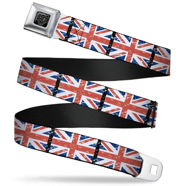 buckle down BD Wings Logo CLOSE-UP Full Color Black Silver Seatbelt Belt - United Kingdom Flags Weathered Webbing