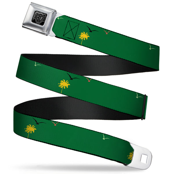 buckle down BD Wings Logo CLOSE-UP Full Color Black Silver Seatbelt Belt - Tropical Flora Greens/Reds/Gold Webbing