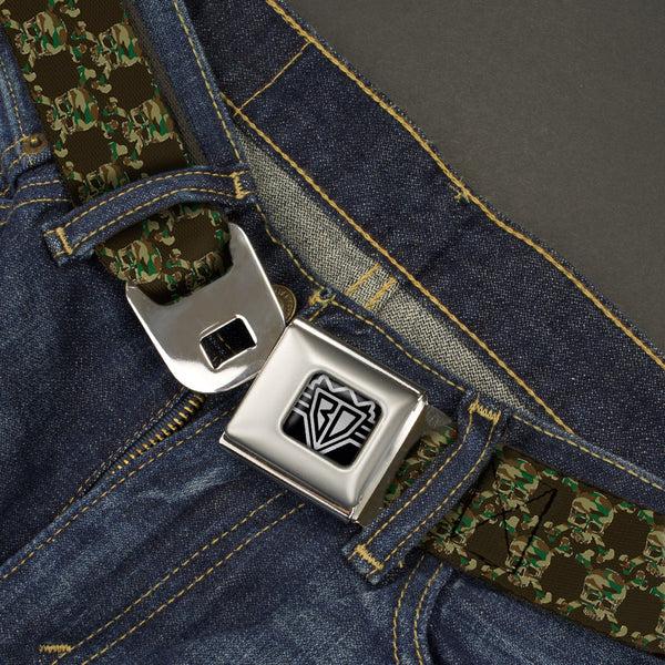 Buckle Down BD Wings Logo CLOSE-UP Full Color Black Silver Seatbelt Belt - Top Skulls Black/Camo Olive Webbing