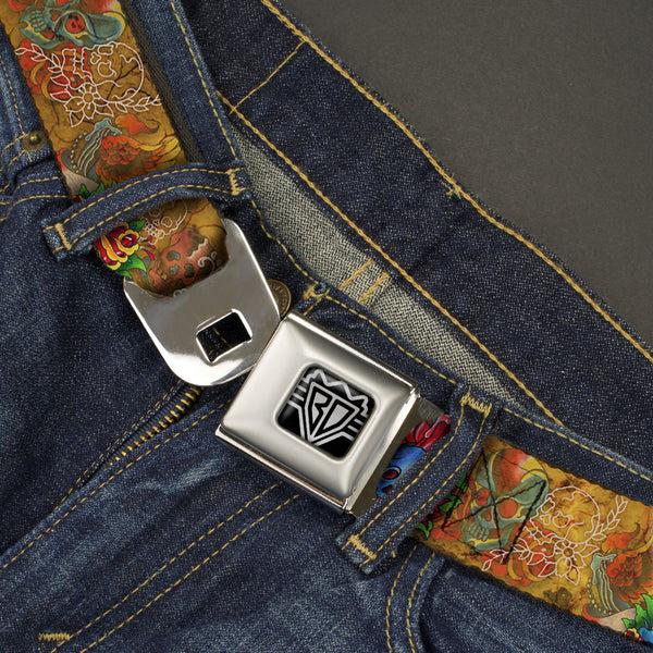 Buckle Down BD Wings Logo CLOSE-UP Full Color Black Silver Seatbelt Belt - TJ-Candles & Skulls Webbing