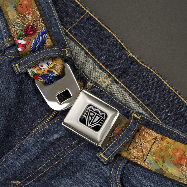 Buckle Down BD Wings Logo CLOSE-UP Full Color Black Silver Seatbelt Belt - TJ-Blonde Webbing