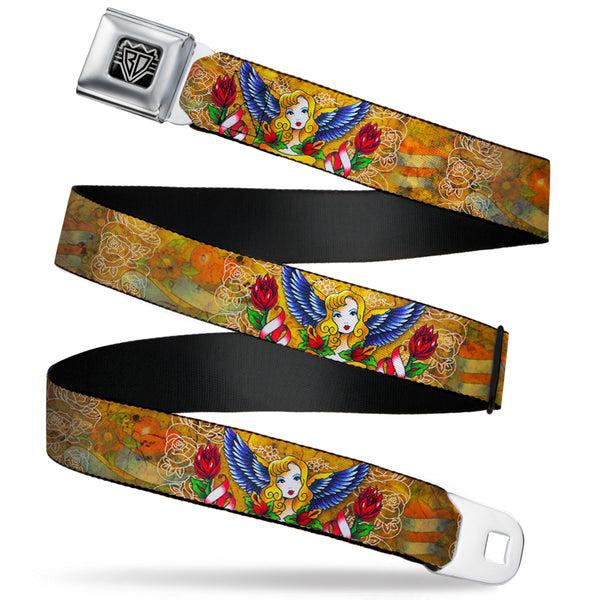 buckle down BD Wings Logo CLOSE-UP Full Color Black Silver Seatbelt Belt - TJ-Blonde Webbing