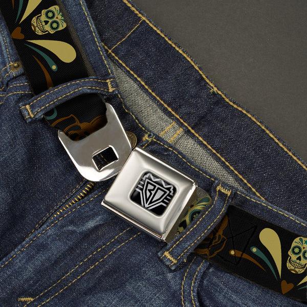 Buckle Down BD Wings Logo CLOSE-UP Full Color Black Silver Seatbelt Belt - Sugar Skulls Black/Olive/Burgundy Webbing