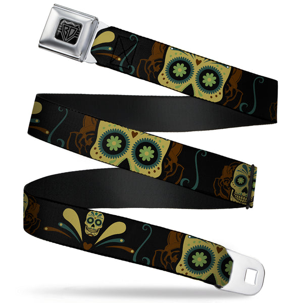 buckle down BD Wings Logo CLOSE-UP Full Color Black Silver Seatbelt Belt - Sugar Skulls Black/Olive/Burgundy Webbing