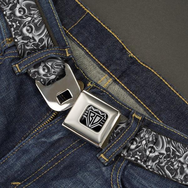 Buckle Down BD Wings Logo CLOSE-UP Full Color Black Silver Seatbelt Belt - Sleeve Skulls Black/Gray Webbing