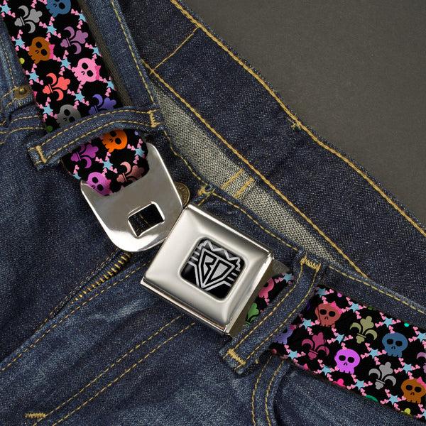 Buckle Down BD Wings Logo CLOSE-UP Full Color Black Silver Seatbelt Belt - Skull & Fleur-de-Lis Black/Multi Color Webbing