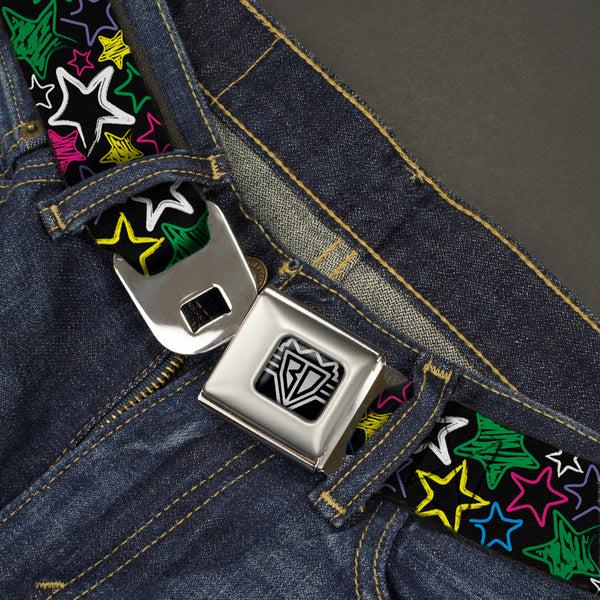 Buckle Down BD Wings Logo CLOSE-UP Full Color Black Silver Seatbelt Belt - Sketch Stars Black/Multi Color Webbing