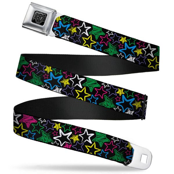 buckle down BD Wings Logo CLOSE-UP Full Color Black Silver Seatbelt Belt - Sketch Stars Black/Multi Color Webbing