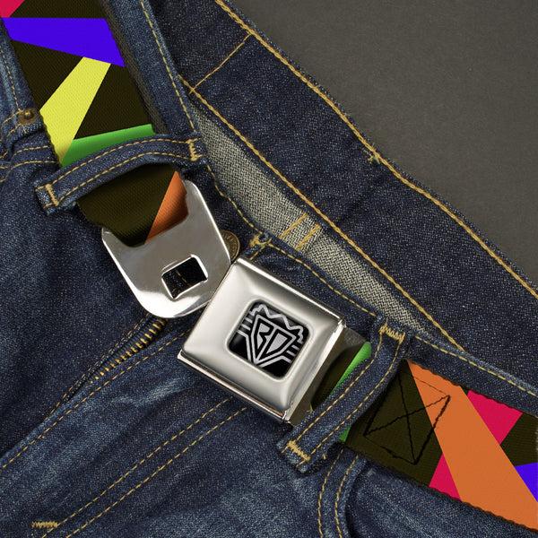 Buckle Down BD Wings Logo CLOSE-UP Full Color Black Silver Seatbelt Belt - Spotlight Black/Multi Neon Webbing