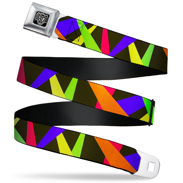 buckle down BD Wings Logo CLOSE-UP Full Color Black Silver Seatbelt Belt - Spotlight Black/Multi Neon Webbing