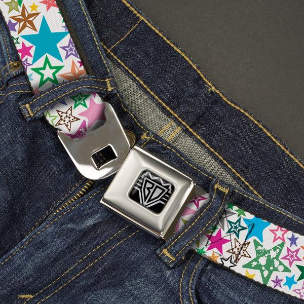 Buckle Down BD Wings Logo CLOSE-UP Full Color Black Silver Seatbelt Belt - Stargazer White/Multi Color Webbing