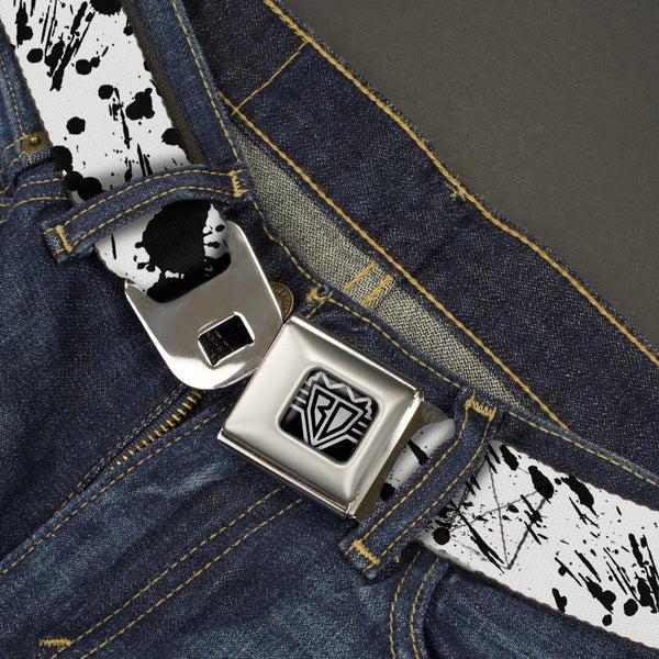 Buckle Down BD Wings Logo CLOSE-UP Full Color Black Silver Seatbelt Belt - Splatter White/Black Webbing