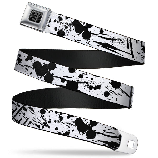 buckle down BD Wings Logo CLOSE-UP Full Color Black Silver Seatbelt Belt - Splatter White/Black Webbing