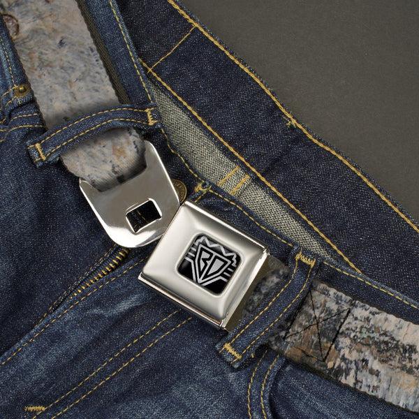 Buckle Down BD Wings Logo CLOSE-UP Full Color Black Silver Seatbelt Belt - Rustic Concrete Panels Webbing