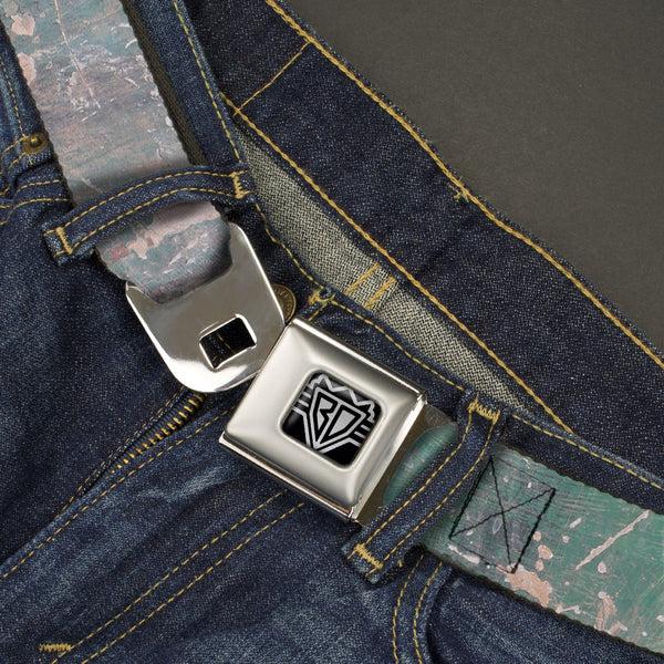 Buckle Down BD Wings Logo CLOSE-UP Full Color Black Silver Seatbelt Belt - Rustic Concrete Panels2 Webbing