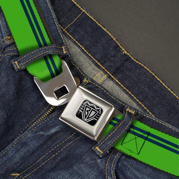 Buckle Down BD Wings Logo CLOSE-UP Full Color Black Silver Seatbelt Belt - Racing Stripe Bright Green/Navy Webbing