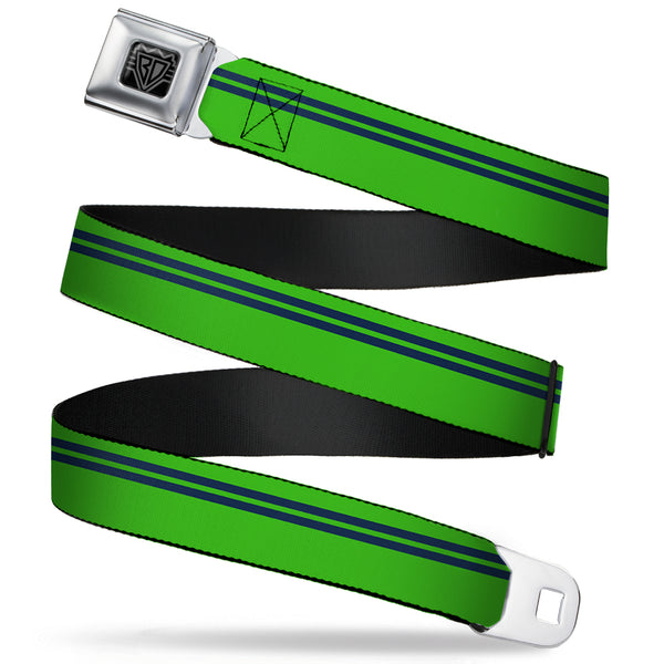 buckle down BD Wings Logo CLOSE-UP Full Color Black Silver Seatbelt Belt - Racing Stripe Bright Green/Navy Webbing