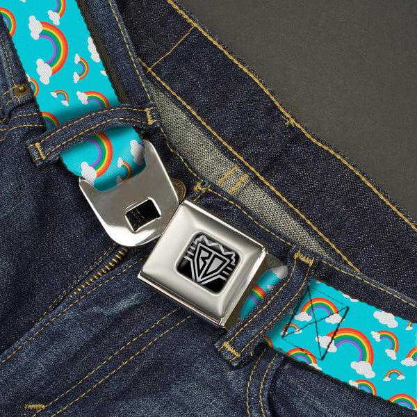 Buckle Down BD Wings Logo CLOSE-UP Full Color Black Silver Seatbelt Belt - Rainbows Scattered Blue Webbing