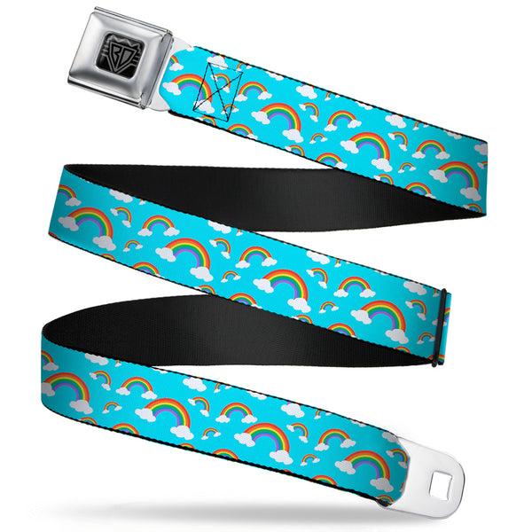 buckle down BD Wings Logo CLOSE-UP Full Color Black Silver Seatbelt Belt - Rainbows Scattered Blue Webbing