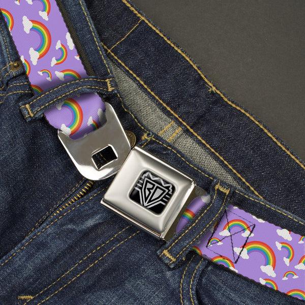 Buckle Down BD Wings Logo CLOSE-UP Full Color Black Silver Seatbelt Belt - Rainbows Scattered Lavender Webbing