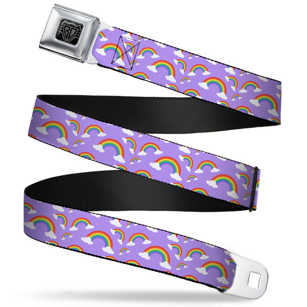 buckle down BD Wings Logo CLOSE-UP Full Color Black Silver Seatbelt Belt - Rainbows Scattered Lavender Webbing