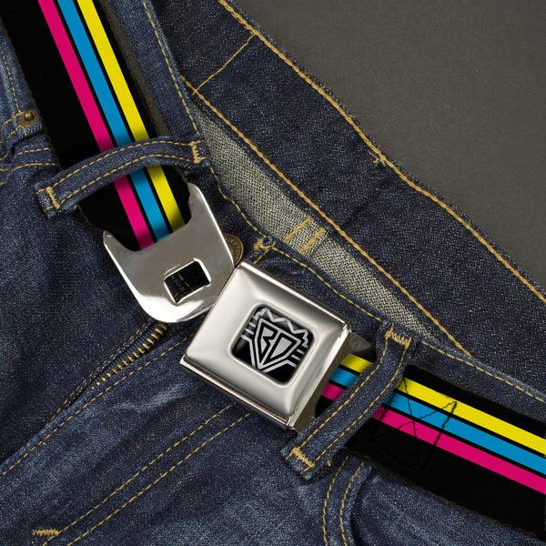 Buckle Down BD Wings Logo CLOSE-UP Full Color Black Silver Seatbelt Belt - Racing Stripes Black/Yellow/Blue/Pink Webbing