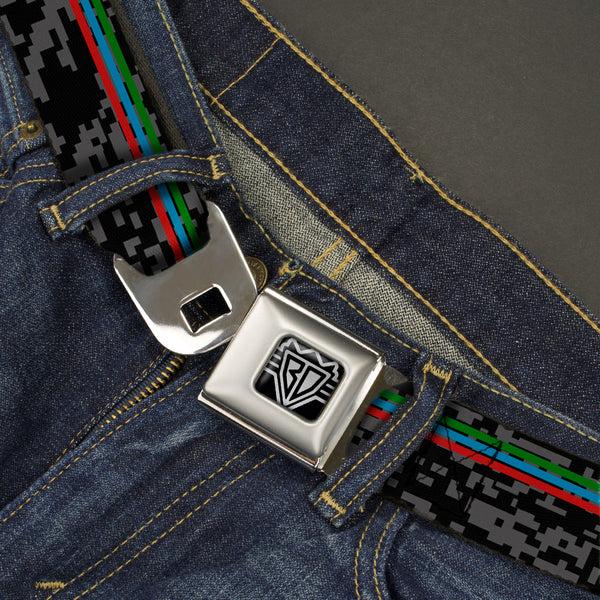Buckle Down BD Wings Logo CLOSE-UP Full Color Black Silver Seatbelt Belt - Racing Stripes/Digital Camo Black/Gray/Green/Blue/Red Webbing