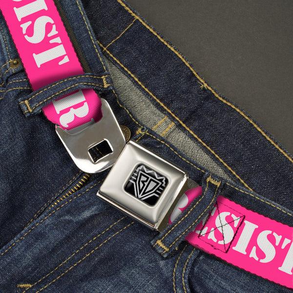 Buckle Down BD Wings Logo CLOSE-UP Full Color Black Silver Seatbelt Belt - RESIST Stencil Pink/White Webbing