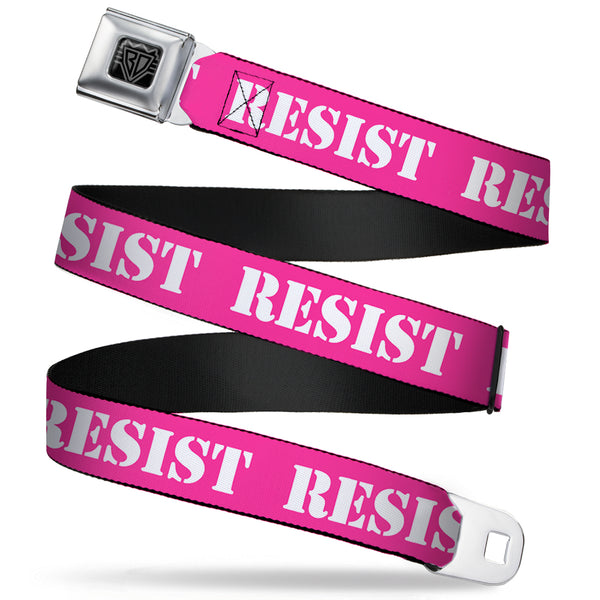 buckle down BD Wings Logo CLOSE-UP Full Color Black Silver Seatbelt Belt - RESIST Stencil Pink/White Webbing