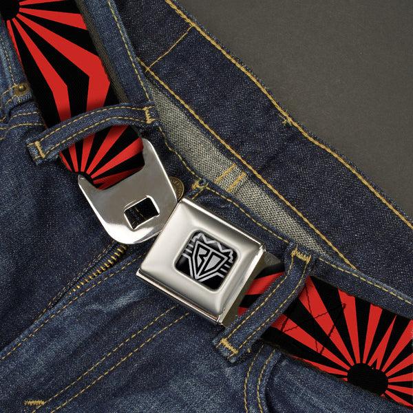 Buckle Down BD Wings Logo CLOSE-UP Full Color Black Silver Seatbelt Belt - Rising Sun Red/Black Webbing